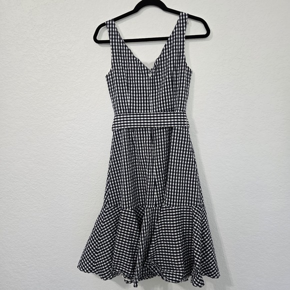 J Crew 2 Navy Gingham Ruffle Hem Sleeveless Dress Tie Waist - Picture 4 of 9